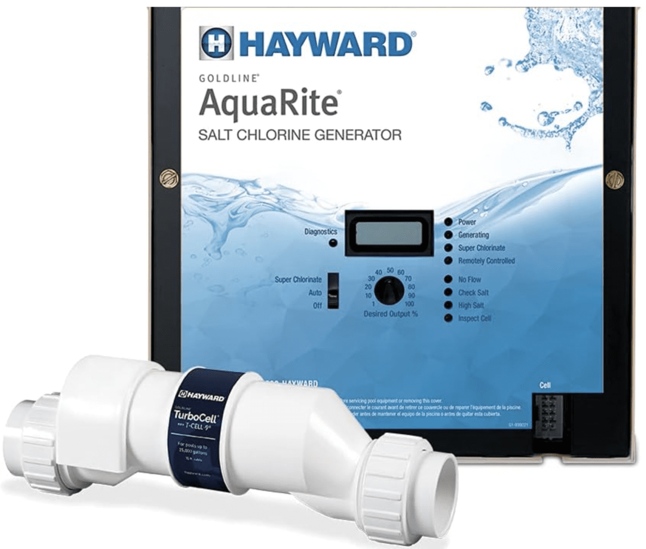 A Hayward W3AQR3 AquaRite Salt Chlorination System for In-Ground Pools up to 15,000 Gallons generator with a water hose.